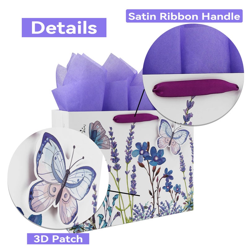 Qirrmiy 13"" Large Purple Gift Bag Set with Greeting Card and Tissue Paper (Lavender and 3D Butterfly) Women's Birthday  Girls Party  Mother's Day  Wedding  Valentine's Day - Image 4